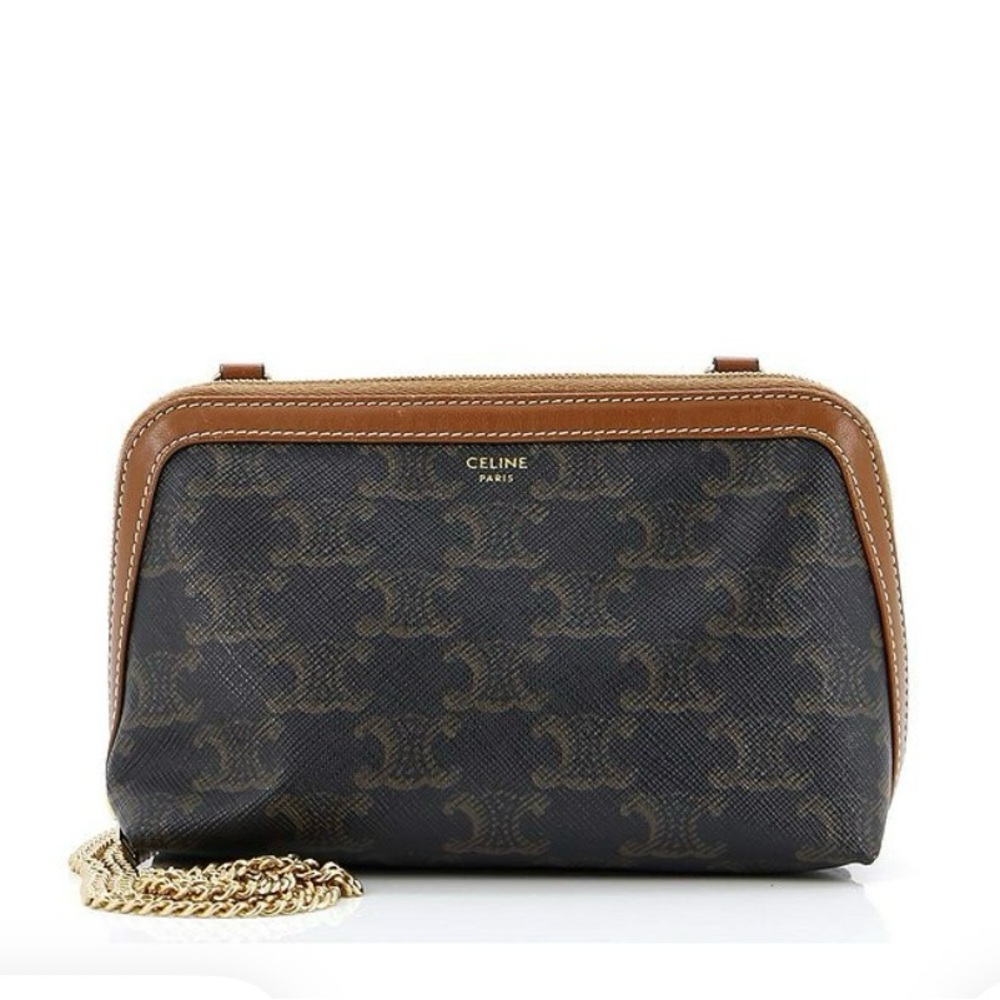 Celine Tan and Black Crossbody Bag zip around with gold chain